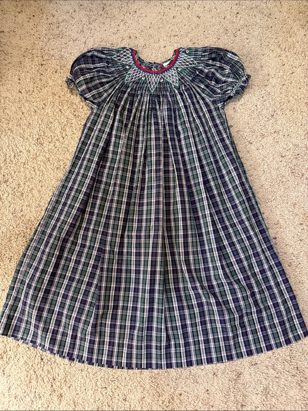 Plaid Smocked Bishop Dress in Navy Green Red and White